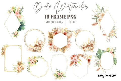 Boho Flowers Watercolor Frame Bundle Sublimation SvgOcean 