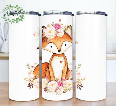 Boho Fox 20oz Skinny Tumbler, Fox Floral Tumbler Design, Boho Floral Tumbler Png, Animal Tumbler With Lid And Straw, Instant Download Sublimation AdriOP 
