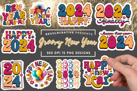 Boho Groovy Happy New Year Stickers Bundle Sublimation Regulrcrative 