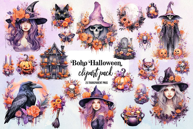 Boho Halloween Clipart Bundle, 25 Transparent PNG's Sublimation BijouBay 