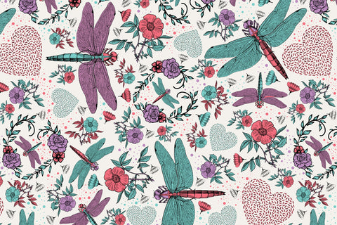 Boho Hearts & Dragonflies - Seamless Bohemian Style Pattern Digital Pattern Karma Genie Graphics 