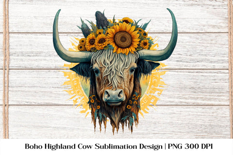 Boho Highland Cow Sublimation. Higland Floral Png Cow. Sublimation Samaha Design 