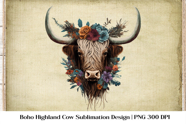 Boho Highland Cow Sublimation. Higland Floral Png Cow. Sublimation Samaha Design 