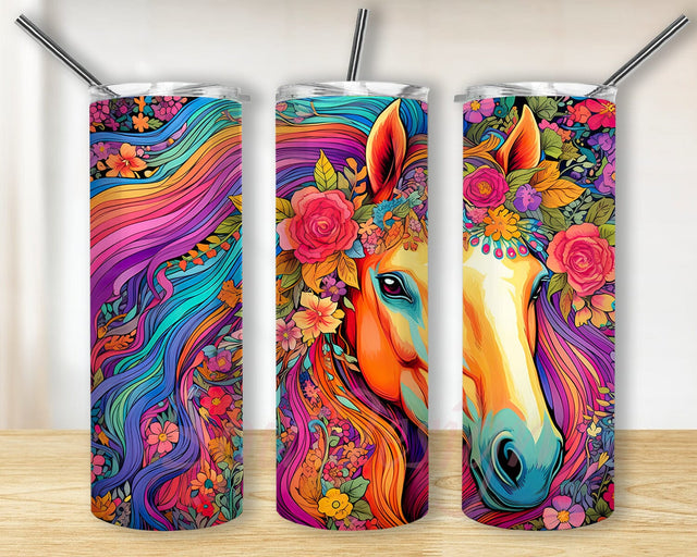 Boho Horse Flowers 20oz Skinny Tumbler Png, Rainbow Horse Tumbler, Horse Flowers Tumbler, Rainbow Flowers Wrap, Colorful Horse Rainbow Flowers Tumbler Sublimation BouDesign 