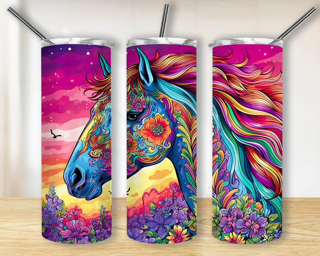 Boho Horse Flowers 20oz Skinny Tumbler Png, Rainbow Horse Tumbler, Horse Flowers Tumbler, Rainbow Flowers Wrap, Colorful Horse Rainbow Flowers Tumbler Sublimation BouDesign 