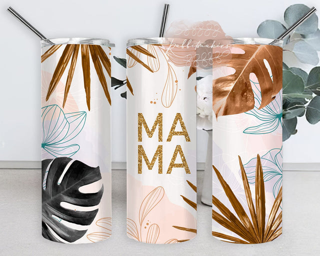 Boho Mama Tumbler Template, Mama Glitter 20oz Skinny Tumbler, Copper Tropical Leaves Tumbler Wrap, Mama Tumbler With Lid And Straw, Mother's Day Gift, Instant Download Sublimation Rabbitmakies 