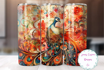 Boho Peacock with Flowers 20 oz Skinny Tumbler Sublimation Design Digital Download PNG Instant DIGITAL ONLY, Straight tumbler wrap. Sublimation Jenn Driscoll 