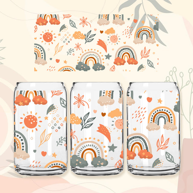 Boho Rainbow 16 oz Libbey Glass Can Tumbler Sublimation Design,Rainbows and Sun Tumbler Wrap,Glass Can Instant Download PNG File Sublimation PrintingLife 