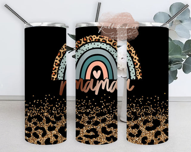 Boho Rainbow Mama Tumbler Design, Boho Mama 20oz Skinny Png, Leopard Gold Glitter Tumbler Wrap, Mama Tumbler With Lid And Straw, Mother's Day Gift, Instant Download Sublimation Rabbitmakies 