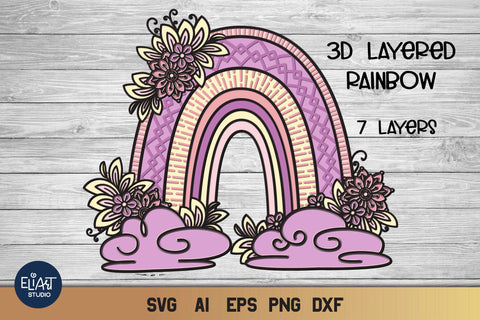 Boho Rainbow SVG, 3d Layered Rainbow SVG with Flowers, Celestial SVG. 3D Paper Elinorka 