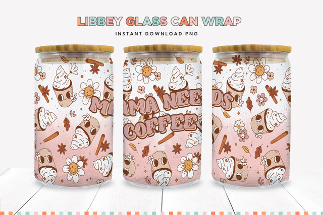 Boho Retro Mama Needs Coffee Libbey Glass Wrap PNG Sublimation BijouBay 