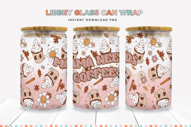 Boho Retro Mama Needs Coffee Libbey Glass Wrap PNG Sublimation BijouBay 