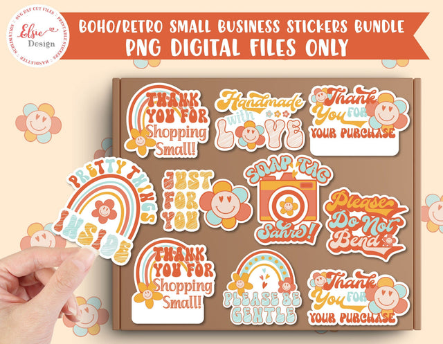 Boho Retro Smiley Face Thank You for Your Business PNG Stickers Bundle SVG Elsie Loves Design 