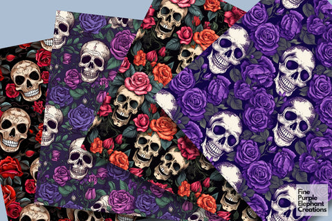 Boho Skull and Roses | Day of the Dead | Día de Los Muertos Digital Pattern Fine Purple Elephant Creations 