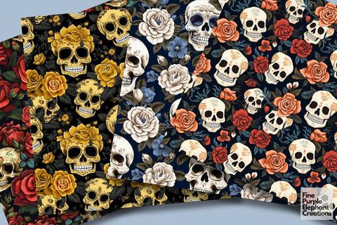 Boho Skull and Roses | Day of the Dead | Día de Los Muertos Digital Pattern Fine Purple Elephant Creations 