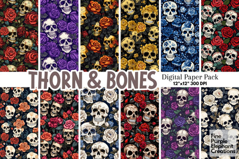Boho Skull and Roses | Day of the Dead | Día de Los Muertos Digital Pattern Fine Purple Elephant Creations 