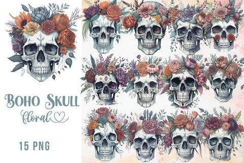 Boho Skull Floral Watercolor Clipart Sublimation Rupkotha 