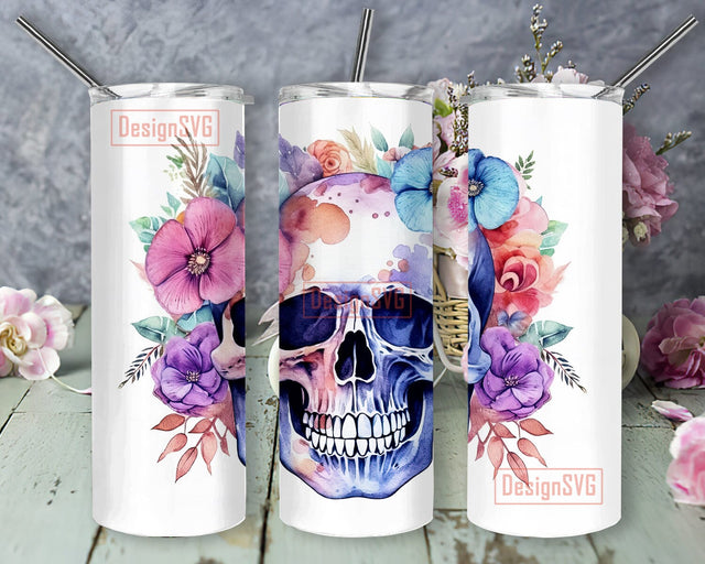 Boho Skull Skeleton With Flowers 20oz Skinny Tumbler Png, Skeleton With Flowers Tumbler, Skeleton Tumbler Template, Gothic Skeleton Tumbler, Skull Watercolor Tumbler Sublimation DesignSVG 