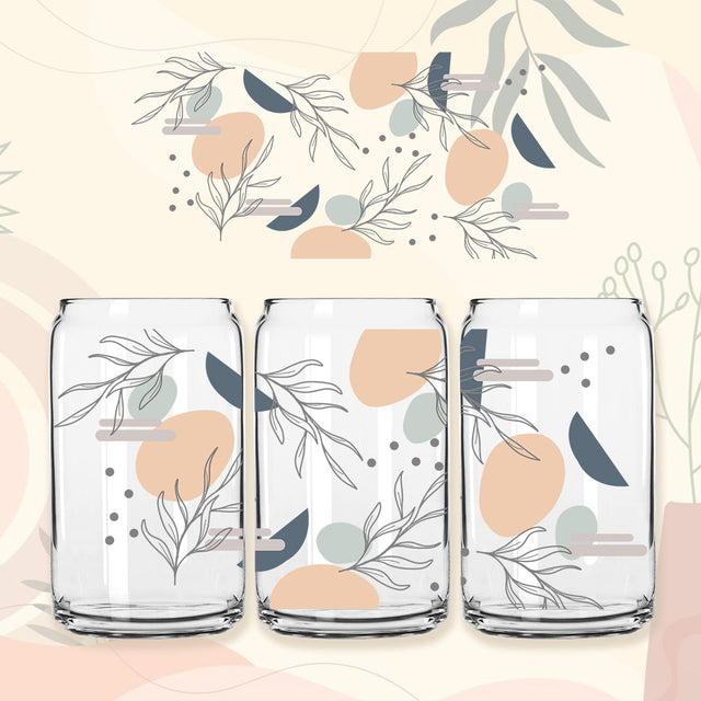 Boho style line flowers 16 oz Libbey Glass Can Tumbler Sublimation Design Boho, Vintage Boho 16 oz Waterslide digital png wrap template design Sublimation PrintingLife 