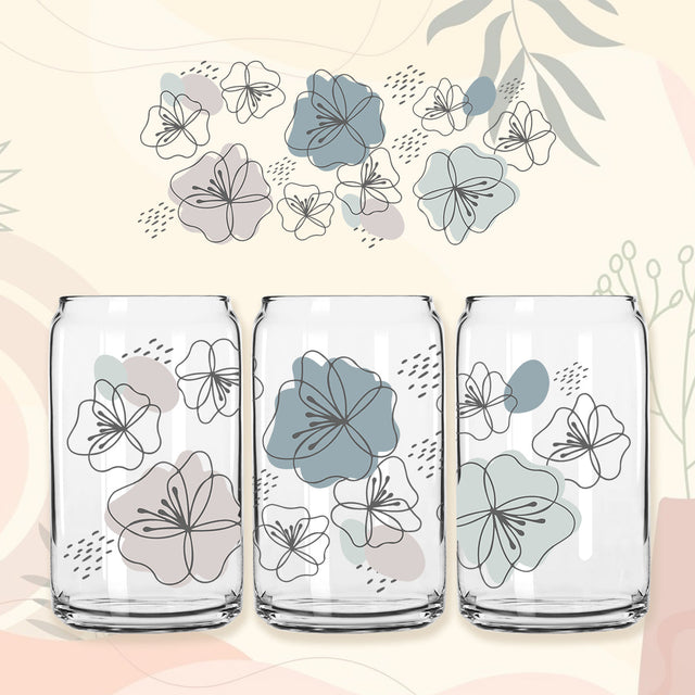 Boho style line flowers 16 oz Libbey Glass Can Tumbler Sublimation Design, Vintage Boho flowers 16 oz Waterslide digital png wrap template design Sublimation PrintingLife 