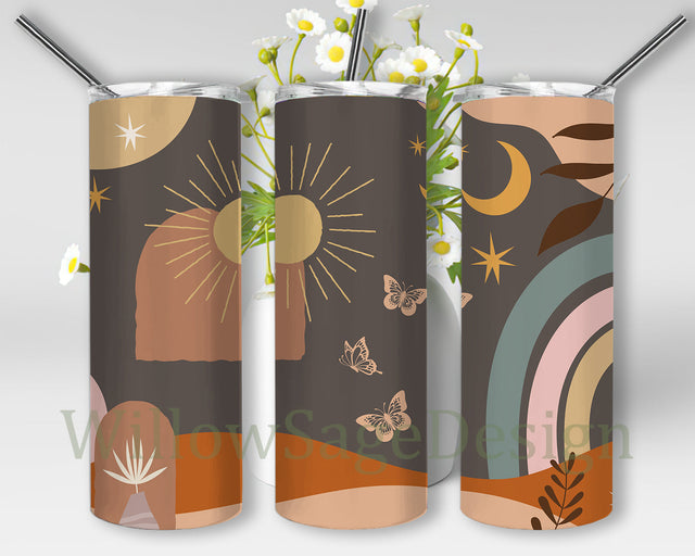 Boho Sun And Moon Tumbler Wrap, Boho 20oz Skinny Tumbler, Boho Butterfly Rainbow Design Tumbler, Boho Sublimation Design, Digital Download Sublimation WillowSageDesign 