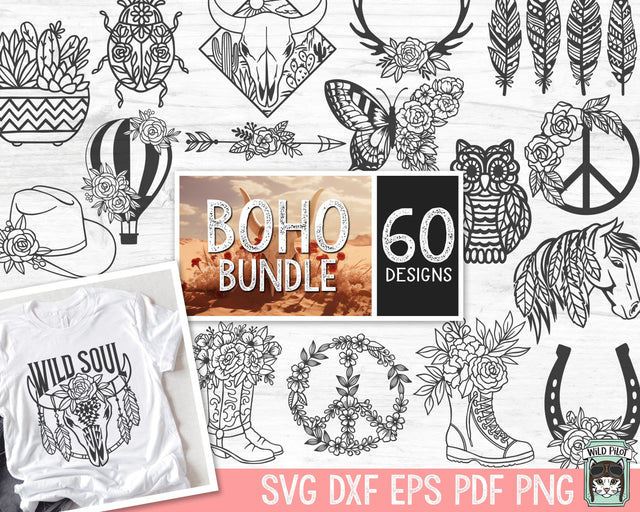 Boho SVG files Bundle, Flower Cow Skull SVG, Desert svg, Cactus svg, Wild Free svg files, Floral Butterfly svg, Adventure png, feathers svg SVG Wild Pilot 