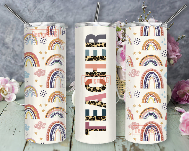 Boho Teacher Leopard 20oz Skinny Tumbler, Rainbow Leoprad Full Tumbler Wrap, Teacher Tumbler Png, Back To School Png, Teacher Sublimation Design, Digital Download Sublimation DesignSVG 