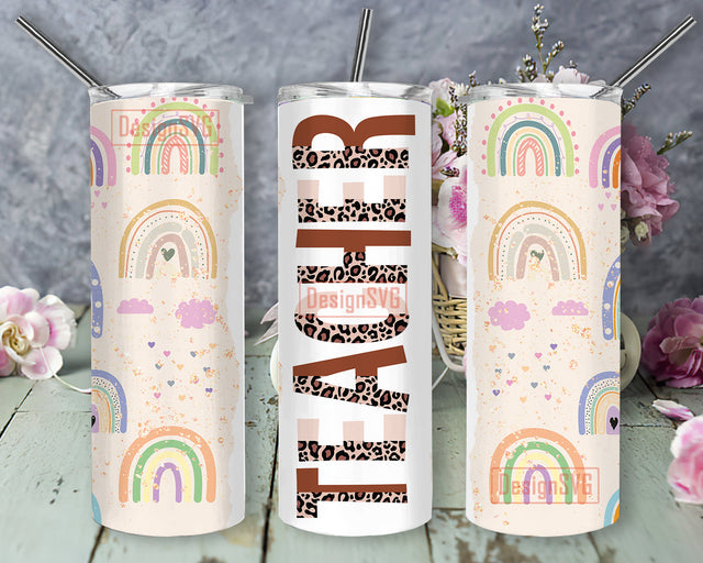 Boho Teacher Rainbow 20oz Skinny Tumbler, Boho Rainbow Tumbler Png, Teacher Leopard Tumbler Wrap, Back To School, Rainbow Glitter Teacher Tumbler Design, Instant Download Sublimation DesignSVG 