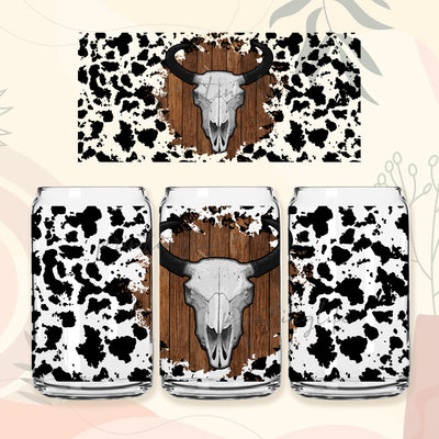 Boho vintage Western Cow print 16 oz Libbey Glass Can Tumbler Sublimation Design, Boho 16 oz Waterslide digital png wrap template design Sublimation PrintingLife 