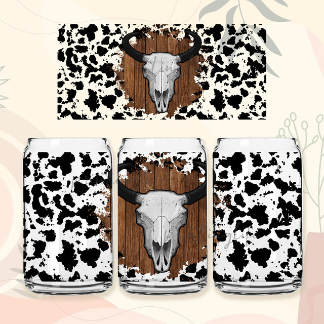 Boho vintage Western Cow print 16 oz Libbey Glass Can Tumbler Sublimation Design, Boho 16 oz Waterslide digital png wrap template design Sublimation PrintingLife 