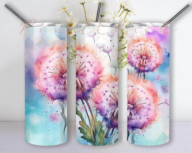 Boho Watercolor Dandelions 20oz Skinny Tumbler Png, Watercolor Floral Tumbler, Dandelion Tumbler, Dandelion Wrap, Inspirational Dandelions Tumbler Wrap Png Sublimation PixelChick 