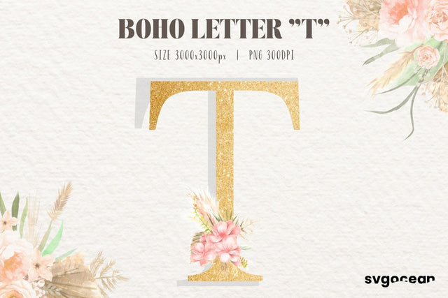 Boho Watercolor Letter T Sublimation SvgOcean 