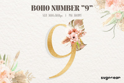Boho Watercolor Number 9 Sublimation SvgOcean 