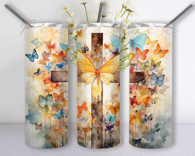 Boho Watercolor Wooden Cross Surrounded By Butterflies 20oz Skinny Tumbler Png, Cross Butterflies Tumbler, Western Faith Cross Butterfly Tumbler Png, Butterfly Tumbler Png Sublimation PixelChick 