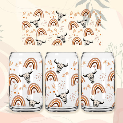 Boho Western Cow 16 oz Libbey Glass Can Tumbler Sublimation Design, Boho Western Cow print, Waterslide digital png template design Sublimation PrintingLife 