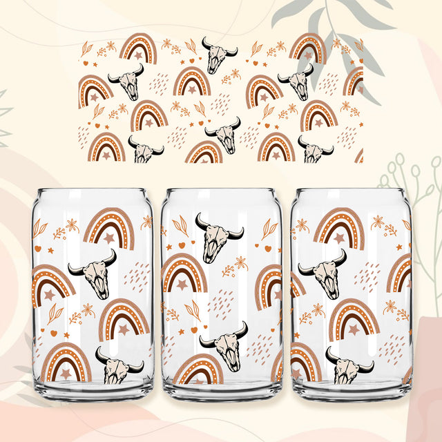 Boho Western Cow 16 oz Libbey Glass Can Tumbler Sublimation Design, Boho Western Cow print, Waterslide digital png template design Sublimation PrintingLife 