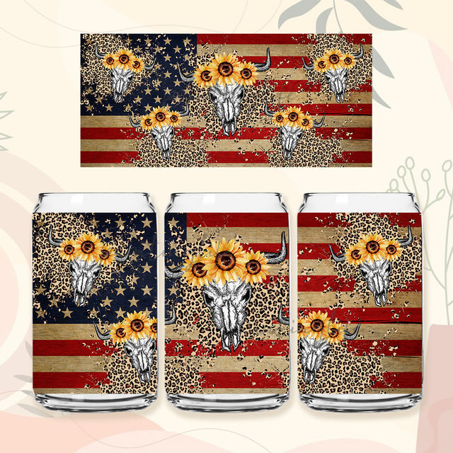 Boho Western Sunflower American Flag 16 oz Libbey Glass Can Tumbler Sublimation Design, Cow print Waterslide digital png template design Sublimation PrintingLife 