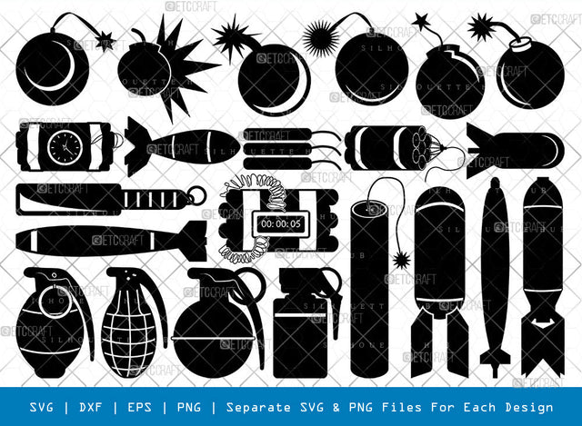 Bomb SVG, Bomb Silhouette, Rocket Svg, Cocktel Bomb svg, Airplane Bomb Svg, Nuclear Bomb Svg, Dynamite Svg, Grenade Svg, Bomb Bundle SVG ETC Craft 