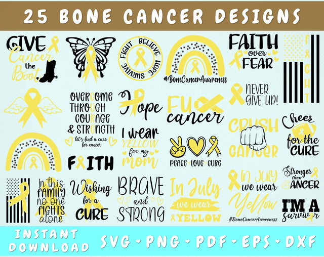 Bone Cancer Awareness SVG Bundle, 25 Bundle, Bone Cancer Cricut Files, Yellow Cancer Ribbon SVG, Sarcoma SVG SVG HappyDesignStudio 