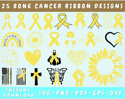Bone Cancer Ribbon SVG Bundle, 25 Designs, Bone Cancer Clipart, Bone Cancer PNG Files For Sublimation, Bone Cancer Sunflower SVG SVG HappyDesignStudio 