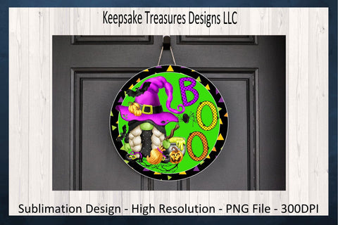 Boo Halloween Gnome Wreath Attachment, Witch Gnome Door Hanger, Gnome Boo PNG, Round Wreath Sign, Sublimation PNG Design, Digital Download Sublimation Keepsake Treasures Designs LLC. 