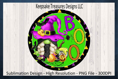 Boo Halloween Gnome Wreath Attachment, Witch Gnome Door Hanger, Gnome Boo PNG, Round Wreath Sign, Sublimation PNG Design, Digital Download Sublimation Keepsake Treasures Designs LLC. 