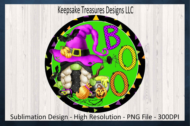Boo Halloween Gnome Wreath Attachment, Witch Gnome Door Hanger, Gnome Boo PNG, Round Wreath Sign, Sublimation PNG Design, Digital Download Sublimation Keepsake Treasures Designs LLC. 
