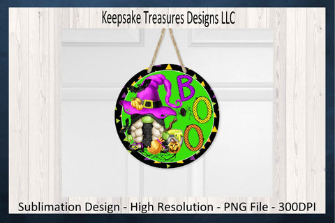 Boo Halloween Gnome Wreath Attachment, Witch Gnome Door Hanger, Gnome Boo PNG, Round Wreath Sign, Sublimation PNG Design, Digital Download Sublimation Keepsake Treasures Designs LLC. 