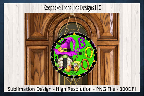 Boo Halloween Gnome Wreath Attachment, Witch Gnome Door Hanger, Gnome Boo PNG, Round Wreath Sign, Sublimation PNG Design, Digital Download Sublimation Keepsake Treasures Designs LLC. 