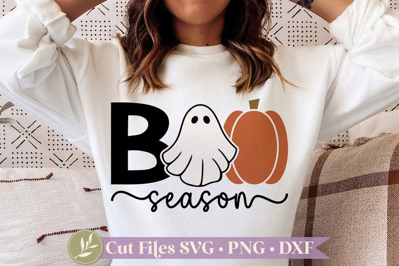 Boo Season SVG, Halloween Shirt Design, Pumpkin SVG, Ghost SVG - So Fontsy