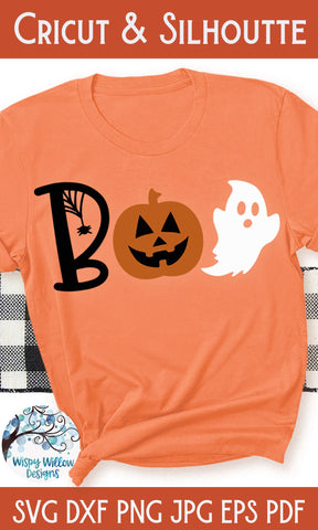 Boo with Pumpkin and Ghost SVG SVG Wispy Willow Designs 