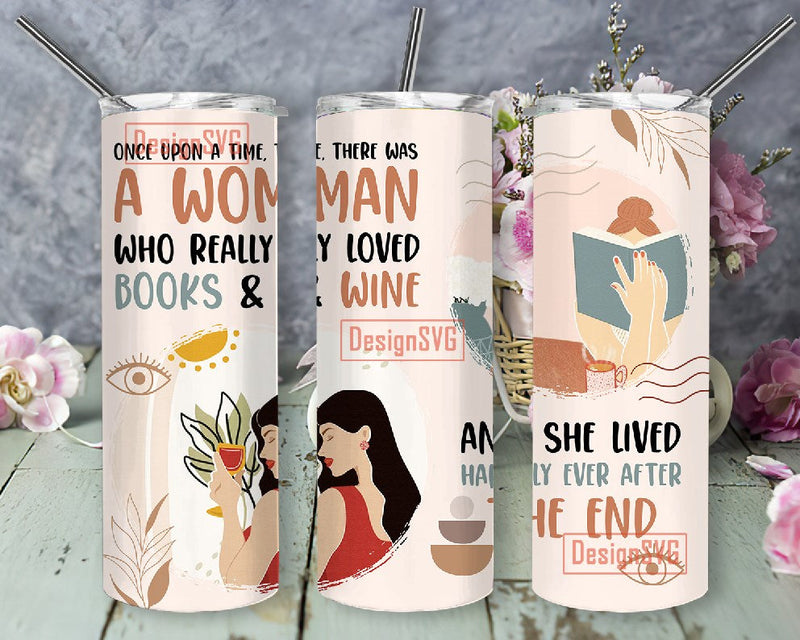 Book And Wine She Lived Happily Ever After 20Oz Skinny Tumbler Png, 20oz Skinny Tumbler Wrap made for Sublimation Sublimation DesignSVG 