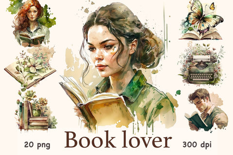 Book Lover Clipart | Watercolor Portrait Illustration Set SVG GlamArtZhanna 