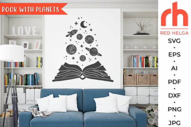 Book with Planets SVG, Reading Space Cut File, School Library DXF SVG RedHelgaArt 